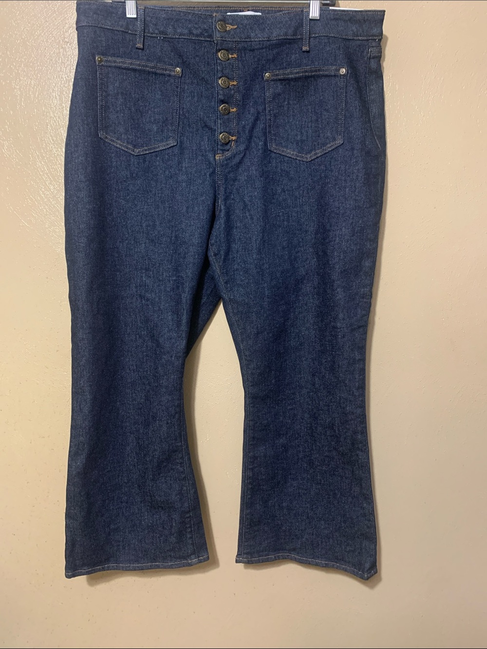 Loft size 18 The Kick Crop High-Rise Button-Front Dark Indigo Flare Jeans NWT